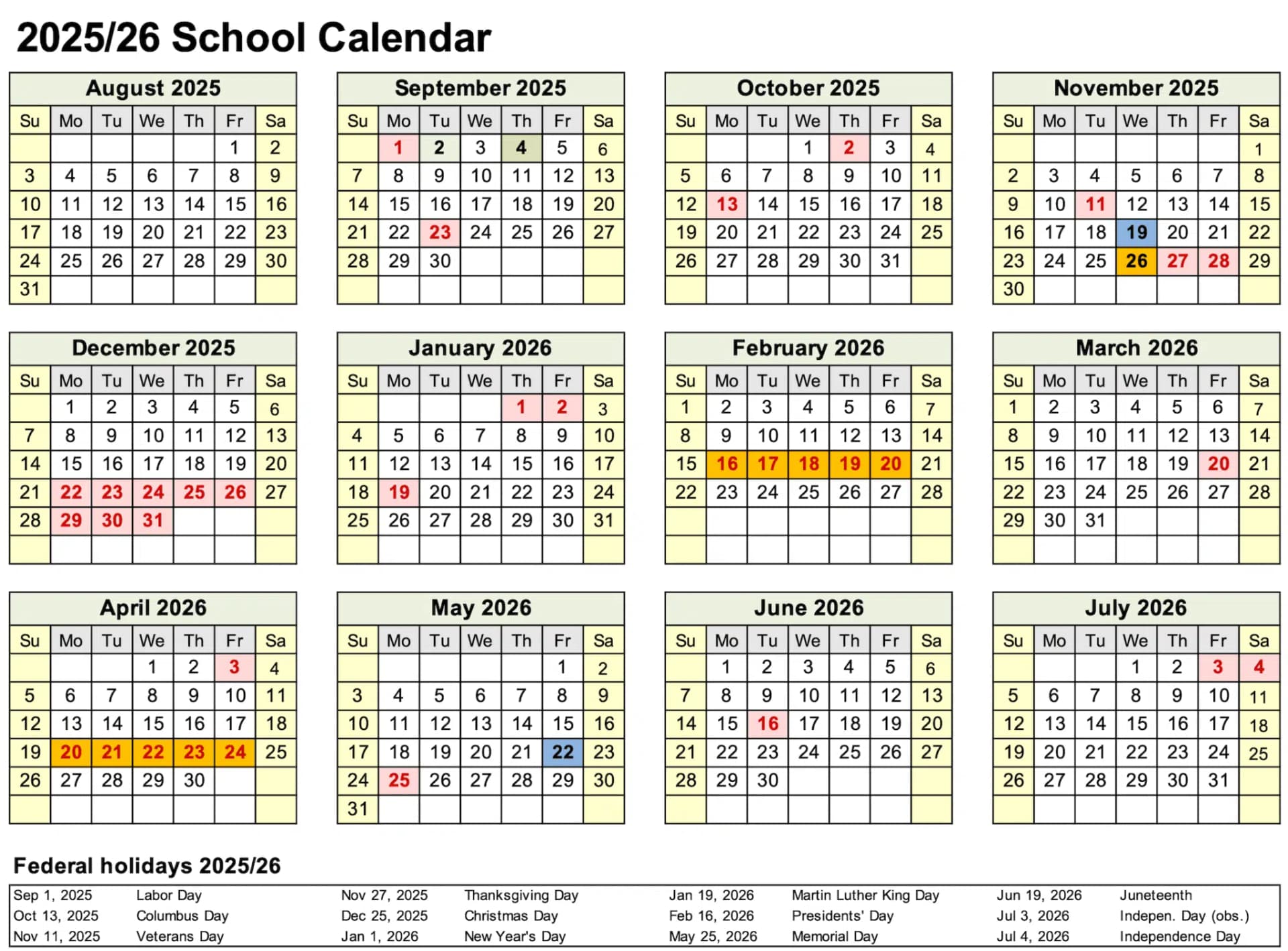 Beacon Montessori School academic calendar, 2025–2026